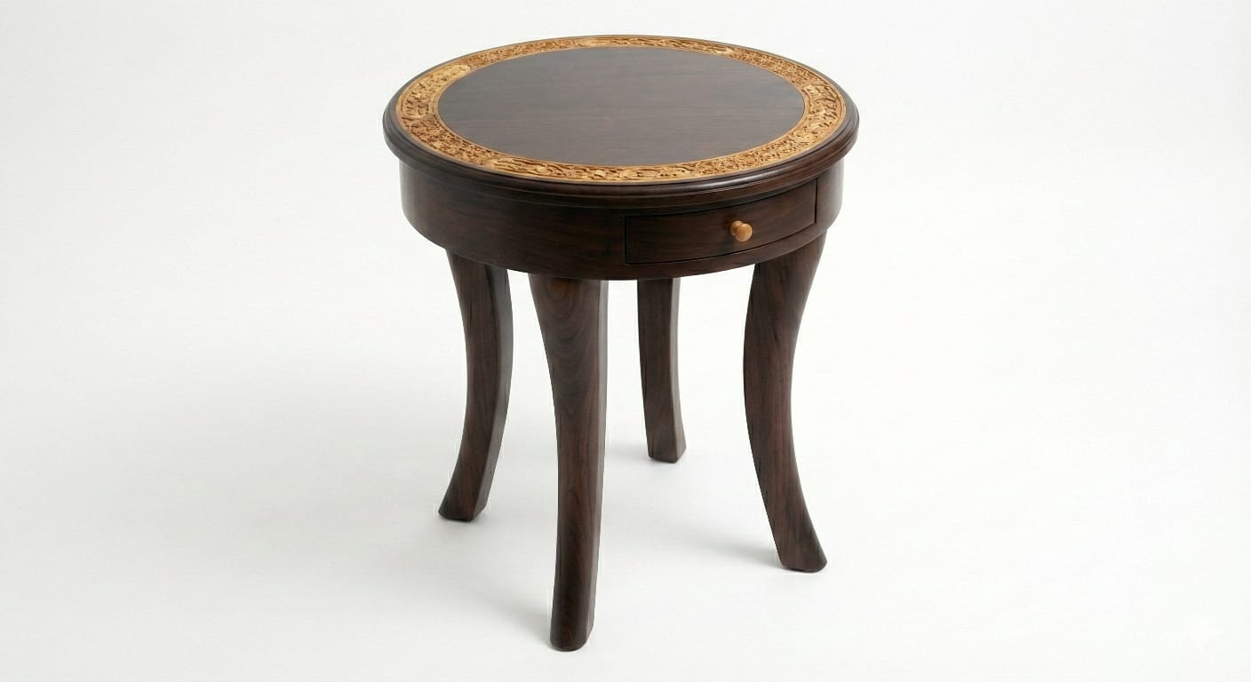 Carved Wooden Round Table with Drawer
